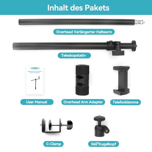JEBUTU OS01 Tischstativ Overhead Stativ Handy, 32.5-55cm Einstellbar Kamera Halterung für Klein Kamera, klemmstativ mit Flexible Arm & 1/4\ Kugelkopf für Webcam, Ringlicht, Live Streaming