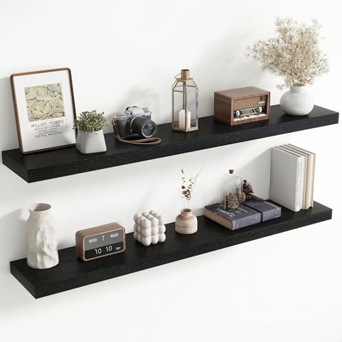 Image of 55 Inch Floating Shelves for Wall, 8 Inch Deep Floating Shelf for Storage & Display, Rustic Wall Mounted Shelf with Invisible Brackets for Living Room, Kitchen, Bathroom, Home Decor, Set of 2, Black