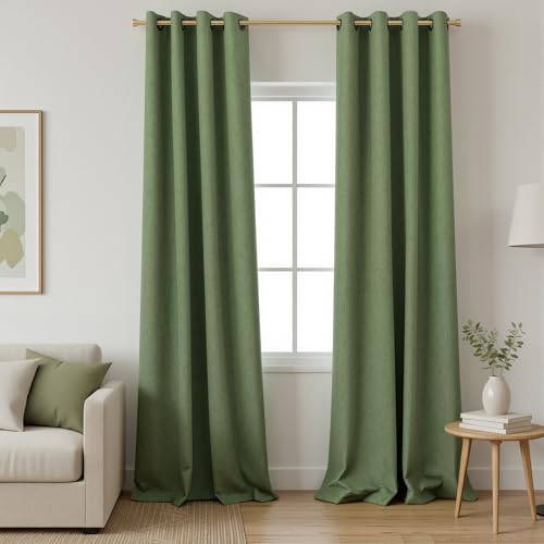 Image of 100% Blackout Linen Textured Curtains for Bedroom Full Light Blocking Room Darkening Bronze Grommet Window Drapes Thermal Insulated Energy Efficient Home Decor 52x108 Olive Green (2 Panels)