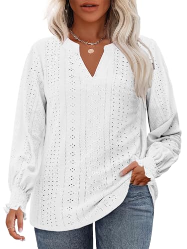 VISLILY Womens-Plus-Size-Tops Cute Ruffle Long Sleeve Shirts Trendy Casual V Neck Tunics Dressy Eyelet Work Blouses XL-5XL