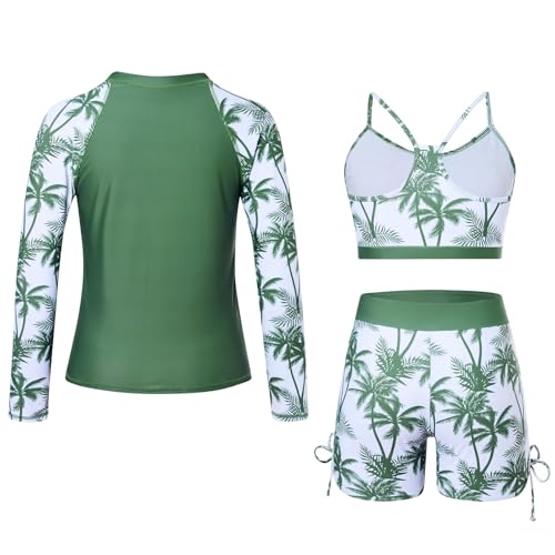 Image of Funnycokid Girls Swimsuit 3 Pieces Zip Rash Guard Bathing Suits Set Kids Bikini Boyshort Summer Swimwear 3-14 Years
