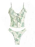 seamoly Floral Printed Smocked Ruffles Tie Front Tankini Set, Light Green, M