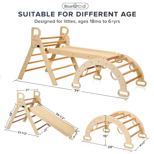 Image of BlueWood Pikler Triangle Set, Foldable Wooden Toddler Climbing Toys Indoor Playground Jungle Gym Montessori Philosophy Climber for 2-6 Years Old, Baby, Kids (Natural Wood)