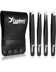 Candure Tweezers for Eyebrows - Professional Stainless Steel Slanted and Pointed Tip Hair Tweezers Set for Ingrown Hair, Blackhead Removal, Eyelash Extension, Eyebrows Plucking Beauty Tool for Women