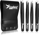 Candure Tweezers for Eyebrows - Professional Stainless Steel Slanted and Pointed Tip Hair Tweezers Set for Ingrown Hair, Blackhead Removal, Eyelash Extension, Eyebrows Plucking Beauty Tool for Women