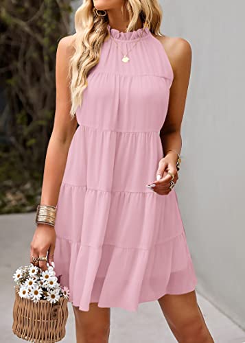 Image of KIRUNDO Summer Sundresses for Women Halter Dress Babydoll | Spring Sleeveless Halter Top, Flowy Tiered Pleated, Western Cute Country Concert, Beach Wedding Guest Vacation Cruise Dress