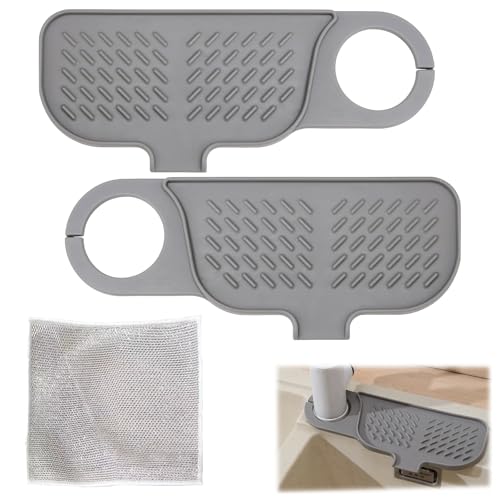 REBUCINA Faucet Guard Splash Silicone Mats,Silicone Kitchen Sink Splash Guard 2 Pcs,Sink Silicone Splash Guard Sponge Holder Rotatable Sink Guards,With cleaning cloth,for Kitchen Sink Area Bathroom