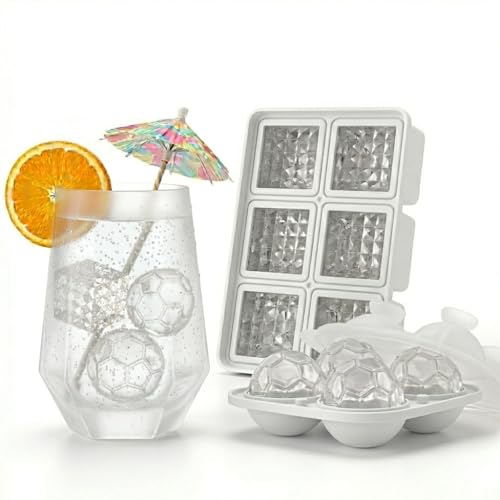 Image of Premium Combo of Large 3D Crystal Square Ice Cube Tray & Football Shaped Silicone Molds for Chilling Drinks, Chocolates, Juice, Jelly and Many More. Pack of 2 (White)