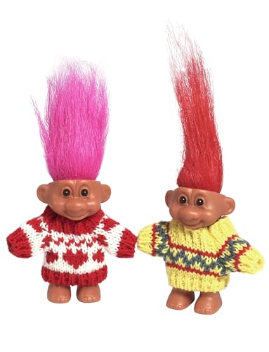 2 PCS Retro Lucky Troll Dolls in Hand-Knit Sweaters - Colorful, Adorable, Great for Collections, School Projects, Crafts & Party Favors (red&Yellow)