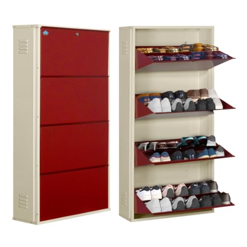 Image of DELITE KOM 29 inch Wide, 8 Shelf Metal Shoe Rack Wall Mounted for Home with Central Lock Holds Upto 28 Shoes or 48 Slippers Pair | Double Decker, 1Yr Warranty, (54x29x8, Ivory Brick Red),DIY, Space Saver