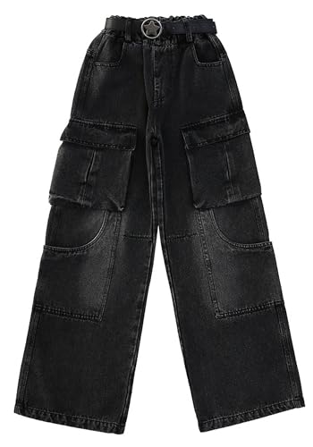 Happy Cherry Kids Girls Baggy Jeans Ripped Distressed Washed Casual Wide Leg High Waist Elastic Band Denim Pants2