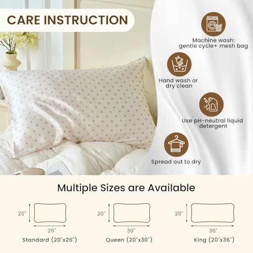 Image of THXSILK Set of 2 Mulberry Silk Pillowcase for Hair and Skin, Cooling Bed Pillow Cover with Hidden Zipper, Soft Smooth Print Silk Pillowcase Gifts for Women Men (Queen 20 inchx30 inch, Pink White Polka Dot)