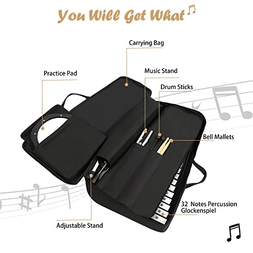 Image of TOLEAD 32 Notes Glockenspiel Kit Xylophone Bell Percussion Instruments with Adjustable Height Stand, Practice Pad Mallets & Wooden Drumsticks, Portable Carrying Bag