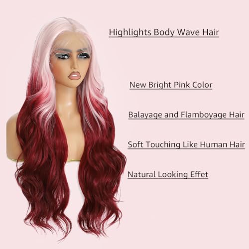 X-Tress 28" Lace Front Wig - Pink to Red Balayage Synthetic Hair - Pre Plucked, Glueless, Soft, Pink & Red - Image 3