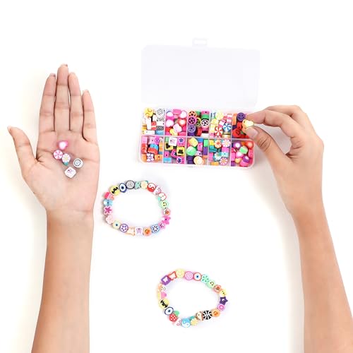 Image of Ambitieux 10-Partition Rubber Beads Bracelet Making Kit for Kids | 10 Designs of Emoji, Heart, Flower, Butterfly Beads | Includes Elastic Thread & Mini Scissors | DIY Jewellery Craft Set for Girls & Boys