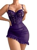 Foxiny Plus Size Curvy Sexy Corset Bodycon Ruffle Sheer Underwire Mesh Lace Floral Outfits Babydoll Lingerie Set Dress with Thong 2 Piece Women Push Up Negligee Nighty Gown Dark Purple 4XL