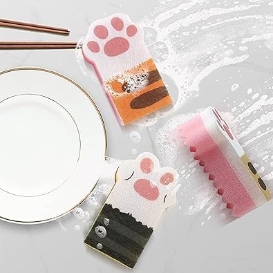 Image of 3Pcs Pink Random Style Cat Claw Design Kitchen Cleaning Sponges,Cute Household Cleaning Tool,Claw Design Non-Scratch Dishwashing Scrub Sponge Kitchen Cleaning Tool,Household Supplies