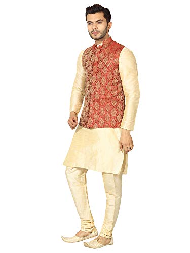 Image of Uri and MacKenzie Men's Silk Blend Regular Kurta Churidar Pyjama with Bundi Nehru Jacket /Waistcoat