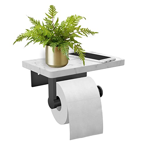 Newfun Matte Black Toilet Paper Holder With White Marble Shelf, 304 Stainless Steel Tissue Roll Holder For Bathroom Washroom #TOP12