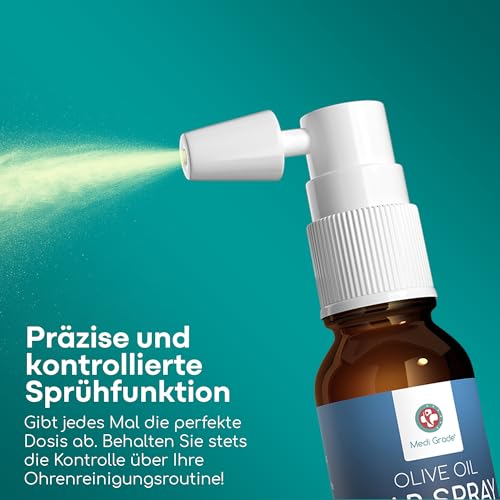 Medi Grade Olivenöl Spray Ohrenschmalz Entferner Spray bei Verstopften Ohren, 20 ml – 100% Natürliches, Weicht Verhärtetes Ohrenschmalz auf und Ablagerungen – Über 50 Effektive Ohrenreinigung Spray