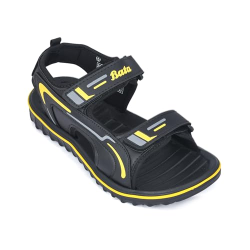 Image of Bata Men's Sports Sandals, Dual Velcro Strap, Textured Sole (BLACK /YELLOW, UK Footwear Size System, Adult, Men, Numeric, Medium, 8)