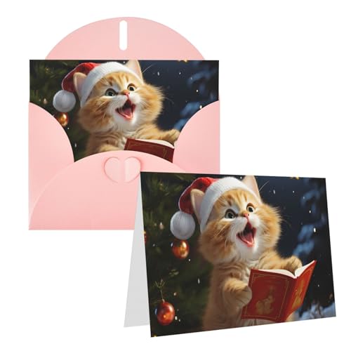 LHDGBNV 空白のグリーティングカード 4インチ x 6インチ サンキューカード 封筒付き ノートカード かわいい猫がクリスマスキャロルを歌う あらゆる機会カード クリスマス 休日 誕生日 卒業 記念日 ピンク