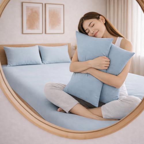 Image of THE HOME STYLE Solid Plain Cotton Feel Fitted Bedsheet King Size (72x78 inches) | 2 Pillow Covers | 300 TC | Elastic Fit | Fits Upto 8 Inch Mattress (Sky)