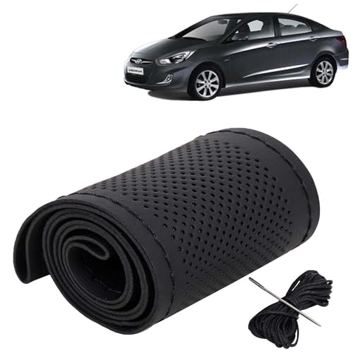 Image of KINGSWAY PU Leatherite Car Steering Cover Sewable Compatible with Hyundai Verna (Year 2006-2010), Black Color with Black Thread, Pack of 1 with Sewing Needle and Thread
