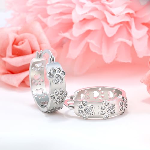 Silver Paw Print Hoop Earrings - Sterling Silver Hypoallergenic Cubic Zirconia Cute Animal Paw Print Hoop Earrings Dainty Round Earring for Sensitive Ears for Women3