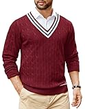COOFANDY Mens V Neck Sweater Long Sleeve Cable Knit Sweater Christmas Sweater Preppy Style Wine Red