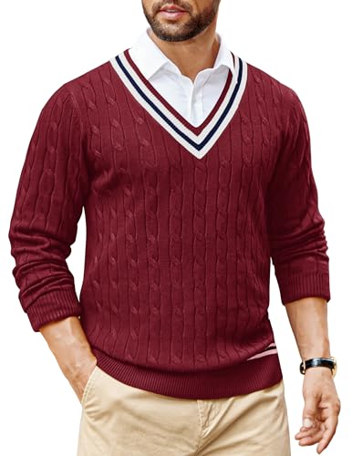 COOFANDY Mens V Neck Sweater Long Sleeve Cable Knit Sweater Christmas Sweater Preppy Style Wine Red