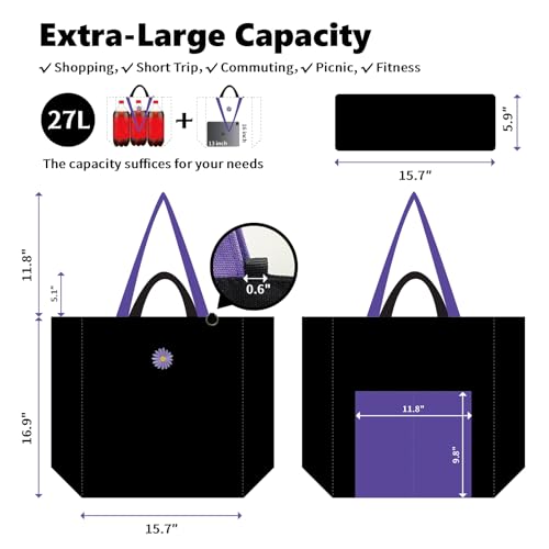 Bolso tote de lona grande para mujer, 27 L, resistente, con cremallera superior, 2 bolsillos exteriores y 1 bolsillo interior con cremallera, bolso de trabajo negro de 12 onzas con asas dobles para compras, desplazamiento diario y viajes miniatura 3