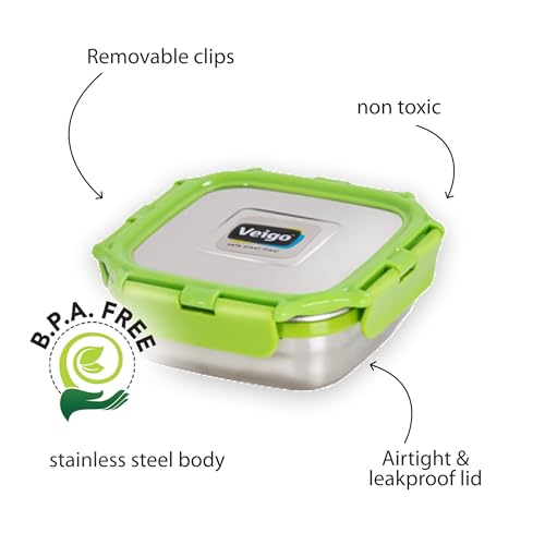 Image of Veigo Original Stainless Steel Medium Snack Box (300 ml), Airtight & Leakproof, Freezer & Dishwasher Safe, Snacks Box for School, Silicone Ring & Polymer Frame, Safe Lid Lock, Green