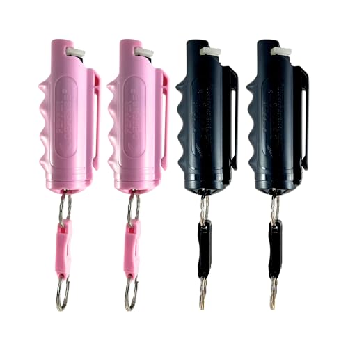 4-Pack Pepper Defense 4-in-1 Stream Pepper Spray - Pink Belt Clip Holster with Keychain - Maximum Strength 10% OC, CS, CN, Marking Dye - Self Defense Protection & Safety