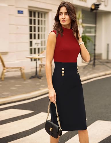 Image of GRACE KARIN 2026 Women's Lightweight Mock Neck Business Work Dress Sleeveless Double Breasted Bodycon Midi Dress