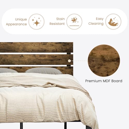 Image of SHA CERLIN Full Size Bed Frame with Rustic Wooden Headboard,3 Boards Design, Heavy Duty Metal Slats Support Platform, No Box Spring Needed, Dark Brown