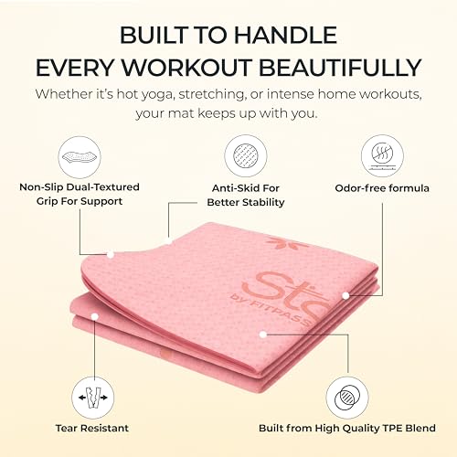 Image of Stoga Origami Foldable 6mm Yoga Mat | Non-Slip | Mat for Men & Women | Lightweight, Sweat-Resistant, Eco-Friendly TPE Mats with Carry Strap | Best Yoga Mat for Home, Travel & Gym (Pink)