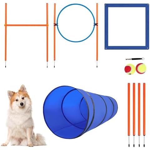 Polar Aurora Dog Agility Equipment, Dog Obstacle Courses Backyard - Pet Outdoor Games w/Adjustable High Jump, Agility Weave Poles, Tunnel, Jumping Ring, Pause Box, 2 Balls,Whistle and Carrying Bag Cover