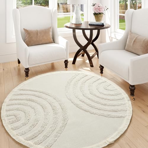 Image of Lanffia Round Rug for Bedroom 4ft, Soft Cotton Tufted Nursery Rug,Cute Circle Rainbow Rug with Tassels,Washable Throw Rugs for Kid‘s Room Living Room Dining Room Table Office, Beige