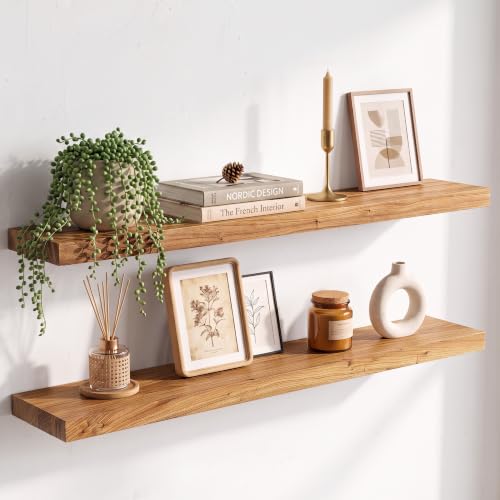 Image of Elm Floating Shelves for Wall - 36 in Rustic Solid Wood Shelves with Heavy-Duty Invisible Bracket, Wall-Mounted Wooden Shelf for Living Room, Bathroom, Kitchen Storage & Display, Set of 2, Natural