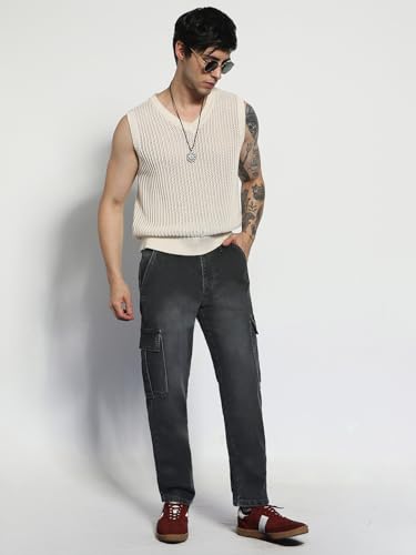 Image of Urbano Fashion Men's Regular Fit Washed Cargo Jeans with 6 Pockets Stretchable