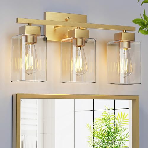Image of PARTPHONER 3-Light Bathroom Light Fixtures, Brushed Gold Modern Vanity Lights, Bathroom Lighting Fixtures Over Mirror, Square Design Farmhouse Wall Sconces with Clear Glass Shades