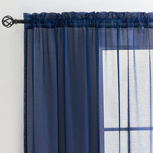 Image of MYSTIC-HOME Sheer Curtains 63 Inch Length 2 Panels Navy Blue, Rod Pocket Voile Drapes for Living Room, Bedroom, Window Treatments Semi Crinkle Curtain Panels for Yard, Patio, Villa, Parlor, 52 inchx 63 inch.