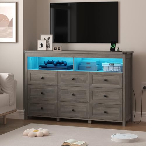 Image of Wodeer 9 Drawer Dresser for Bedroom with LED Lights, Charging Station, Wood Chest of Drawers with Metal Handles, Modern TV Stand & Storage Organizer for Bedroom, Hallway, Grey
