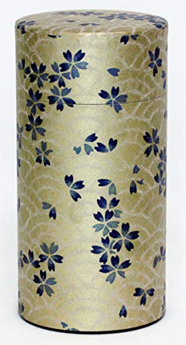 Washi Paper Tea Tin Canister: Long 7oz (200g) Azul y Dorado Flores de cerezo (#106) por KOTODO, Japón