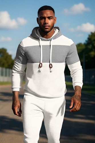 UOUA Mens Tracksuit 2 Piece Hoodie Sweatsuit Sets Casual Athletic Jogging Suits Waffle Jacquard Outfits3
