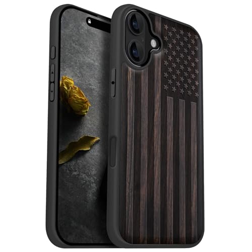 Image of Carveit Wood Case for iPhone 16 Plus, The Classic American Flag, Black | Magnetic iPhone 16 Plus Case Compatible with MagSafe Wireless Chargers, Engraved Wood with Soft TPU Shockproof Bumper