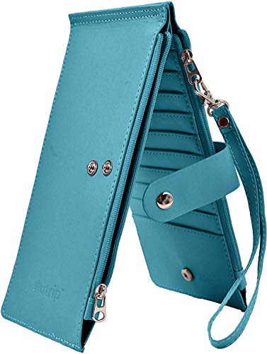 RFID Blocking Womens Leather Bifold Wallet Thin Zipper Card Holder Wallet Purse (Blue)