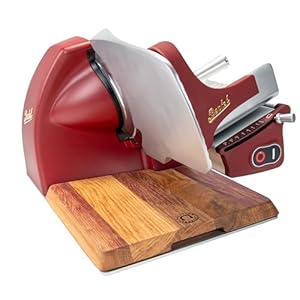 Berkel Home Line 200 Plus Aufschnittmaschine – Rot Matt – Elektrisch & Kompakt – Ideal für Prosciutto, Gemüse & Käse – Design-Schneidemaschine mit handgefertigtem Eichenholzbrett