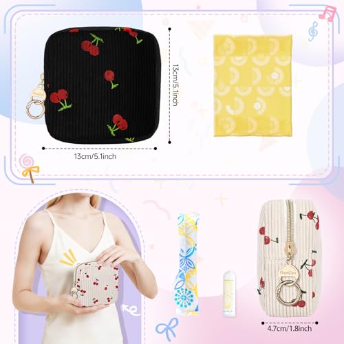 Image of First Period kit for Girls, Corduroy Cute Sanitary Napkin Storage Bag, Menstrual Pad Bag Tampon Holder for Purse, First Period Gifts (Cherry-Beige)